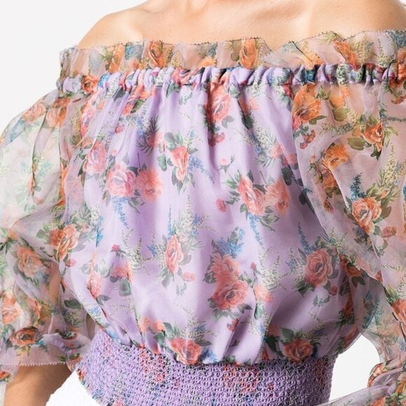 Alice+Olivia off Shoulder Smocked Lavender Silk Organza Floral Top L Orig $395 - Picture 7 of 9
